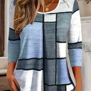 Plus Size Women's Casual Long Sleeve Geometric Print Tunic Top Comfortable Stylish Versatile Perfect for Everyday Wear