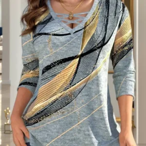 Elegant Plus Size Cross V-Neck Striped Blouse