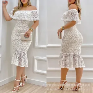 Lace Dresses Women Party Long Dress Slash Neck