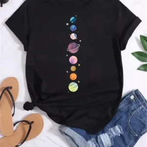 Women Moon Planet Print Fashion Tee Shirts Casual Round Neck Short Sleeve Streetwear Female T-Shirt Vintage Tops