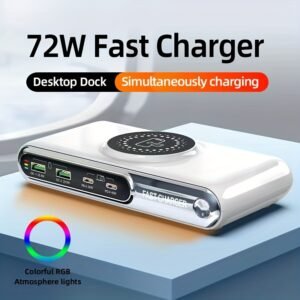 6-in-1 Multi-device Charging Station: PD QC Fast Charger | With 2x 22.5W QC Ports, 1x 30W PD Port, 1x 45W PD Port, 5-15W Wps Appliances, LED Color Mood Lighting - FUHAOXUAN All-in-One Smart Charging Hub