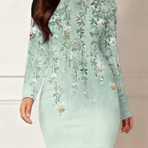Women'S Standard-Sized 3D Printed Botanical All-Over Print Dress | Crew Neck Long-Sleeve Bodycon Style, Artistic Elegant & Versatile, Perfect for Dates & Casual Stylish Wear