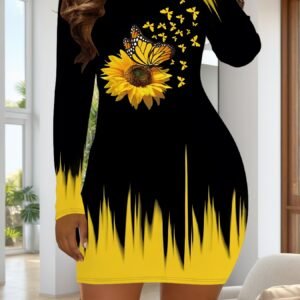Women'S 3D Printed Sunflower & Abstract Art Full-Body Print Dress