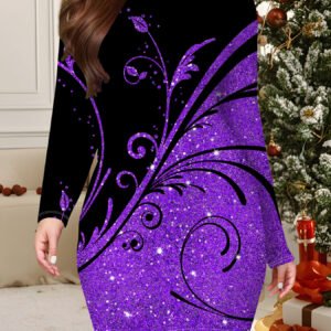 Women'S Elegant Retro 3D All-Over Print Mermaid Dress - Long Sleeve Round Neck H-Line