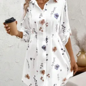 Women's Autumn Fashion Flower Print Long Sleeve Midi Dress Femme Casual Shirt Dress Slim Waist Beach Dress
