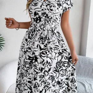 VigoCasey 2026 Female Elegant Flower Print Short Dress Women Summer Short Sleeve Knee Dress Lady Casual Lace Up V Neck Dresses