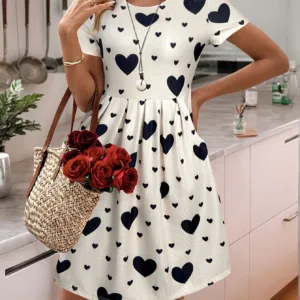 2026 Spring/Summer European & American Women's Round Neck Short Sleeve Heart Print Pocket A-Line Dress - Off-White