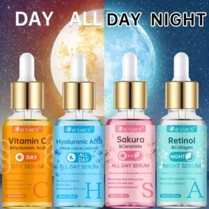 The SUYARUN 4pcs Day And Night Set Includes Vitamin C, Retinol, Hyaluronic Acid, And Cherry Blossom Ceramide Essence, Featuring Collagen, Aloe Vera, And Niacinamide to Brighten Skin Tone, Firm The Skin, Deeply Hydrate