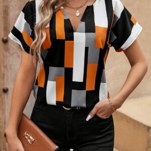 [Elegant Geometric Blouse] Elegant Geometric Print V-Neck Blouse for Women - 100% Polyester Shirt, All-Season Regular Length, Adult Casual Wear