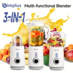 Simplus 42oz Powerful Home Kitchen Blender with Easy-Disassemble Design, 3-Cup Accessories, Food Processor, 3 Adjustable Speeds, Stainless Steel Blades - Ideal for Smoothies, Soups, And More | Modern Kitchen Blender | Durable Plastic Base, Blender