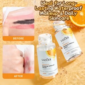 10.14oz Vitamin C Makeup Remover Water: Gentle for Sensitive Skin, with Citrus Extract to Deep Clean Pores & Remove Excess Oil; Non-Irritating & Non-Greasy, Ensures Clean Skin Without Residue. Large Bottle; Ideal for Long-Lasting Waterproof Makeup