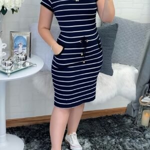 Casual Striped Drawstring Bodycon Dress with Dual Pockets | Crew Neck, Suitable for Spring/Summer/Fall, Adult Wear