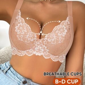 MEIYATING Women's Full-Coverage Push-Up Bra with Underwire Boning - Tummy Control Low-Rise Core Enhancer, Non-Detachable Padding & Burgundy Lace Strap, Full Lift for Casual Attire,