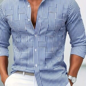 Men'S Vintage Distressed Striped Geometric Shirt, American Retro Regular Long-Sleeve Shirt, Nostalgic Style for Everyday Outings, Comfortable Fabric Long-Sleeve Shirt,