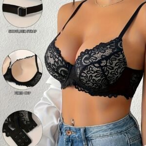 Set of 6 - Alluring Black Lace Push-Up Bra for Women - Enhanced Support, Non-Slip Underwire, Breathable Nylon with Beautiful Floral Lace Design And Pearl Details, Comfortable Everyday Wear