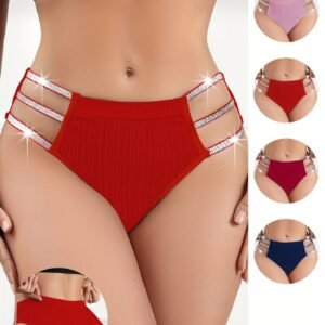 5pcs Glitter Waistband Decor Underwears, Sexy Ribbed Fabric Briefs, Comfy Breathable Hollow Out Women Panties, Women'S Lingerie & Underwear For Everyday Wearing