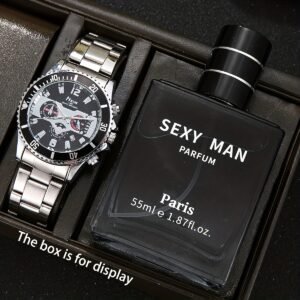 Men'S 2pcs Luxury Gift Set: Stainless Steel Band Multifunctional Chronograph Watch (Sporty Black Dial with Red Details) + 1.86oz "SEXY for Man" Paris Parfum, Stylish Accessory & Fragrance Combo for Daily Wear, Perfect Birthday/Anniversary Gift for Him