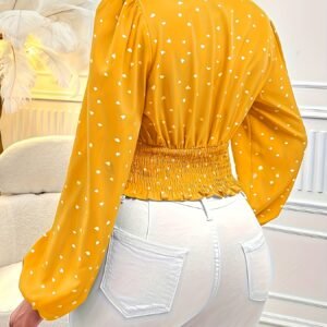 Women'S V-Neck Blouse - Mustard Yellow & Polka Dot Print Casual Chic Shirt, Lightweight Everyday