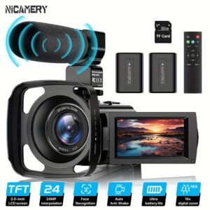 Nicamery 16X Efficient Zoom 1080P HD Camera, Full HD 2400 Pixel Webcam, Digital Camera with Beauty Anti-Shake, External Microphone Support, Remote Control, Lens Hood, 2pcs 1000Mah Batteries, Ultra Long Life, 32G TF Card, Essential for Outdoor Sports