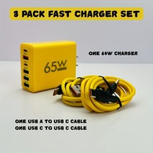 Set of 3 Chargers Featuring a 65W Smart Charger with PD And QC Capabilities,
