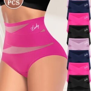 8pcs Women'S Panties High-Waist Tummy Control Briefs Easy Solid Color Letter Print Design Soft Fabric Lingerie Comfortable Stretchy Underwear for Women