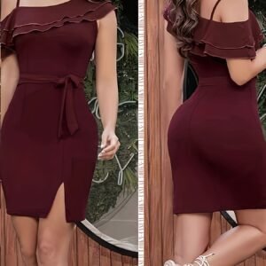 A Burgundy Off-Shoulder Lace-Trimmed Bodycon Dress with a Slit, Nian Nian