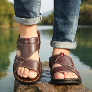 Men'S Casual Sandals | Genuine Leather, Rubber Sole, Comfortable Sole, Lightweight, Easy Wear, Slip On Closure, Vintage Style, Perfect for Daily & Casual