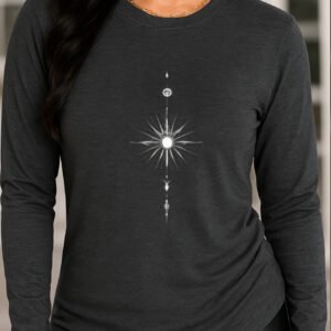 Women's Elegant Long-Sleeve T-Shirt - Black Sun Print Opaque Top, Asymmetric Hem -Length Length, Round Neck Blouse for Layering in Spring Summer Fall, Machine Washable Casual & Dressy Wardrobe Essential