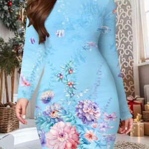 Women's 3D Printed Waist-Cinching Dress - Full-Body Shaping Hip-Hugging Party Dress with Long Sleeve Base Layer, Machine Washable for Christmas, Valentine's & New Year (Sexy Party Outfit, Non-)