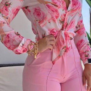 SCACTO Women'S Elegant Floral Print & Embellished Stand Collar Blouse - Long Sleeve Button-Front Top with Stand Collar, All-Season Versatile Shirt for Casual & Formal Wear, Pink & White Floral Design, Structured Fit (Size Up Recommended), Blouse For Women Elegant/classy/casual/dressy, Beautiful Blouse For Women, Elegant Blouse For Women, Blouse For Women, Women Top And Blouse, Shirt For Women, Top For Women, Dressy Shirt, Elegant Clothing For Women,