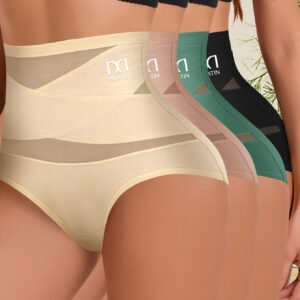 4-Pack QUASTI High-Waisted Tummy Control Shapewear Panties for Women, Elegant Cotton Briefs with Cross Strape, Breathable Knit Fabric, Solid Color,