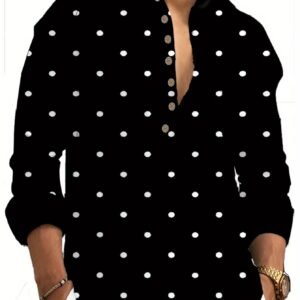 Men's Formal Shirt - Elegant Black & White Polka Dot Print Blouse, Oriental Style Business Casual Shirt with Stand-Up Collar, Office, Wedding, Party Attire -