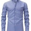 Men's and White Striped Long Sleeve Shirt- Classic Pointed Collar Button Design, Loose Fit Business Casual and Formal Shirt, Suitable for Office, Party, Semi-Formal Occasions-