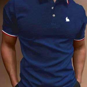 Men'S Navy Blue Rabbit Logo Shirt - Slim Fit Short Sleeve, Red & White Striped Collar, Machine Washable, Casual Style, All-Season Comfort, Everyday Shirt with Fashion Color-Block Design, Casual Wear Shirt | Stylish Casualwear | Knitted Texture
