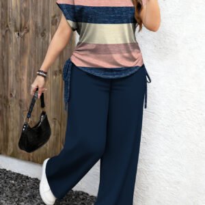 Plus Size, [Plus Size]Women's Plus Size 2pcs Outfit, Vintage color-block striped Blouse& navy blue Wide-