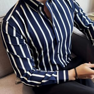 Men's Stylish Long Sleeve Striped Shirt- Casual& Formal, Button-Up with Pocket, Perfect for Spring& Fall,