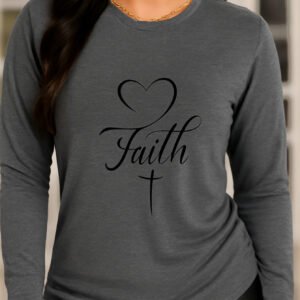 Women's Elegant Heart & Cross Print Long-Sleeve T-Shirt - Soft Stretch Round Neck Top Suitable for Church & Casual Wear, Breathable Blouse