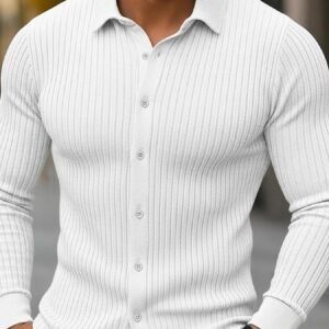 Men's Business Casual Style Light Ribbed Shirt, Lapel Design + Single-
