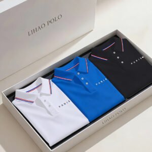 Three-piece Men'S Polo Shirt Set | White/Blue/Black - Classic Crew Neck with Red, White, and Blue Trim, Stylish 'PARIS' Print, Breathable and Comfortable Fabric, Suitable for Golf, Casual Home, and Everyday Wear