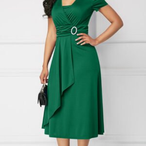 Line Asymmetric V-Neck Evening Dress - High Waist Belted Midi Length Gown with Flared, Solid Color Wedding Guest Dress, Prom Dress,