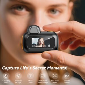 Portable Pocket Mini Camera 1080P HD, 64GB Card, Auto Fill Flash, 4 Filters & Zoom, Video Recorder, Metal Carabiner, Lanyard, for Travel Vlogs, Outdoor Activities, Daily Recording, Compact Size