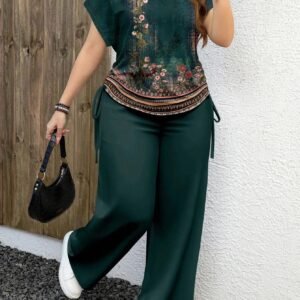 Women's Two-Piece Set Spring Summer Vintage Floral Print Dark Green Short Sleeve& Wide-Leg Pants Set Drawstring Design Comfortable Fabric Short Sleeve Top+ Loose Wide-Leg Pants Fit Daily Commute Casual Outings Casual Elegant Style Casual Elegant Se